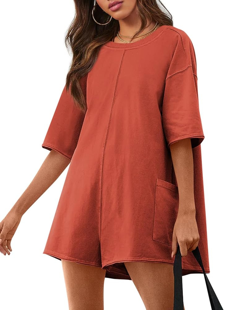 Yousify Rompers for Women 2025 Summer Athletic Oversized Romper Short Sleeve Jumpsuit with Pocket... | Amazon (US)