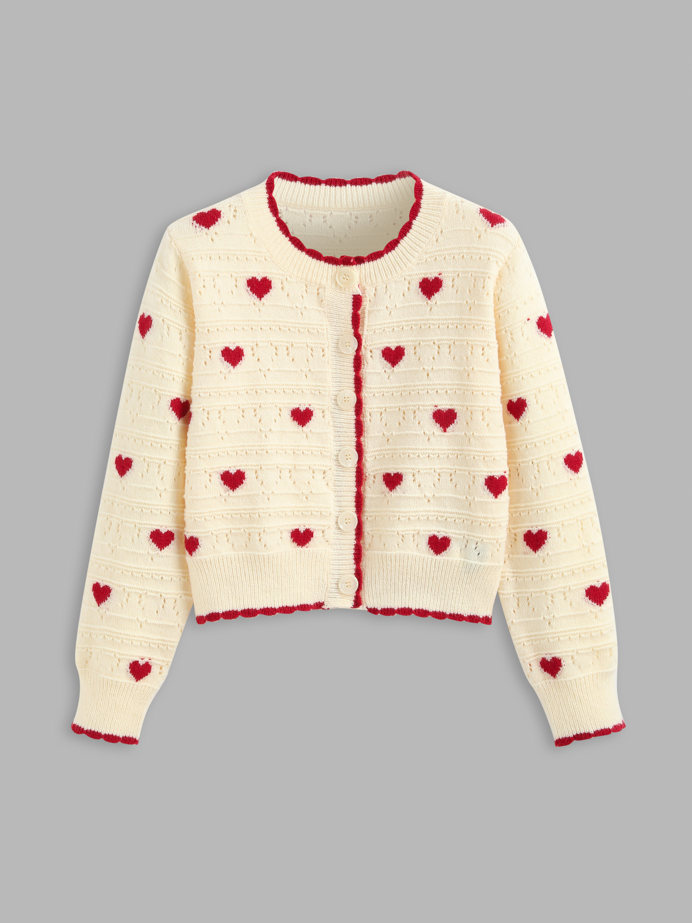 Valentine Knit Fabric Round Neck Heart Contrasting Binding Cardigan For School Daily Casual | Cider