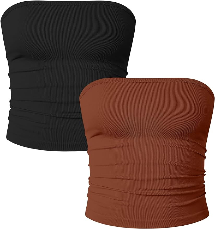 OQQ Womens 2 Piece Tube Tops Strapless Basic Sleeveless Stretch Classic-Fit Shirts Sexy Crop Tops | Amazon (US)