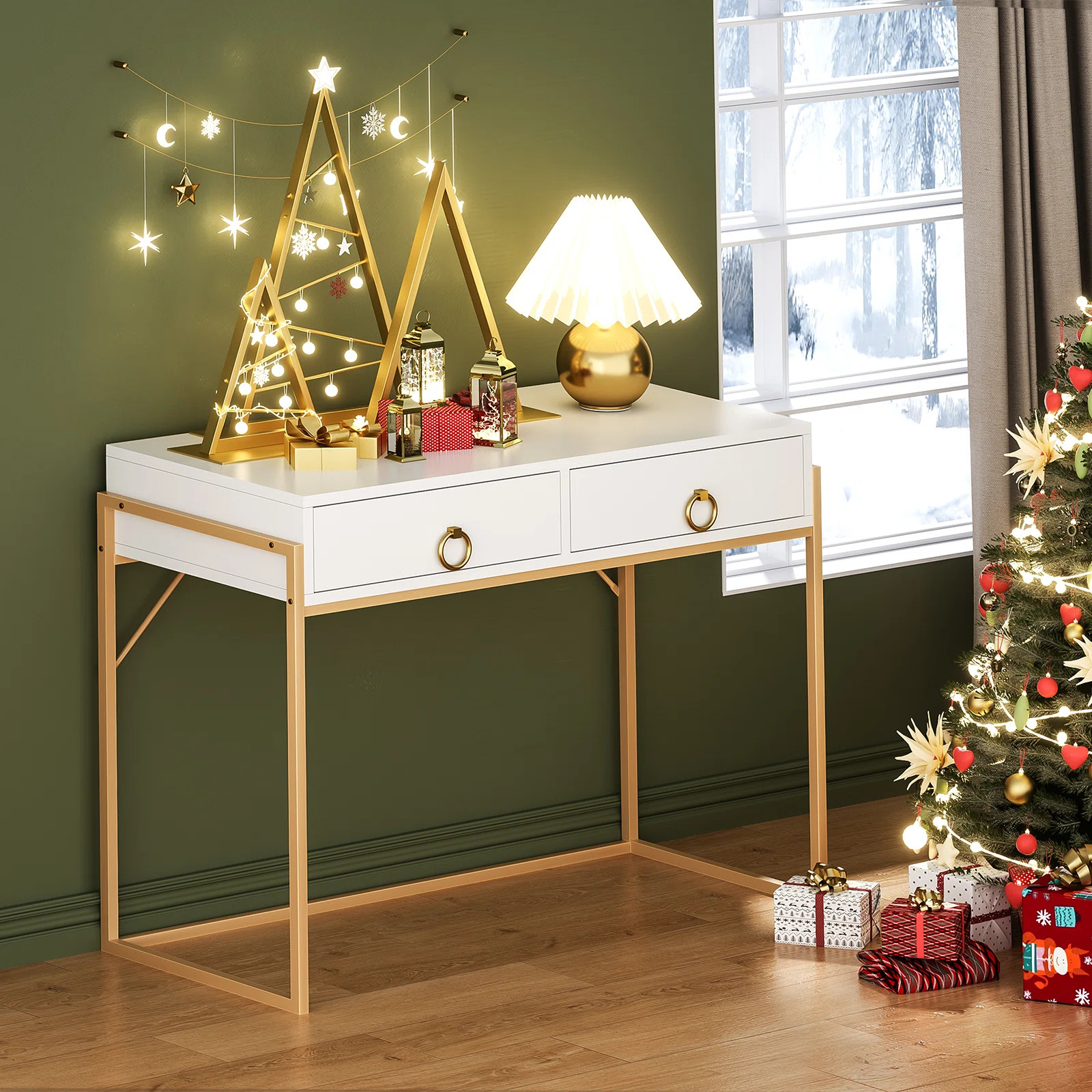 Denerick White Makeup Vanity Table Writing Desk with 2 Storage Drawers | Wayfair North America