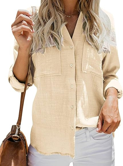 Gemijacka Womens Button Down Oversized Shirts Long Sleeve Blouse Roll Up Cuffed Sleeve Casual Wor... | Amazon (UK)