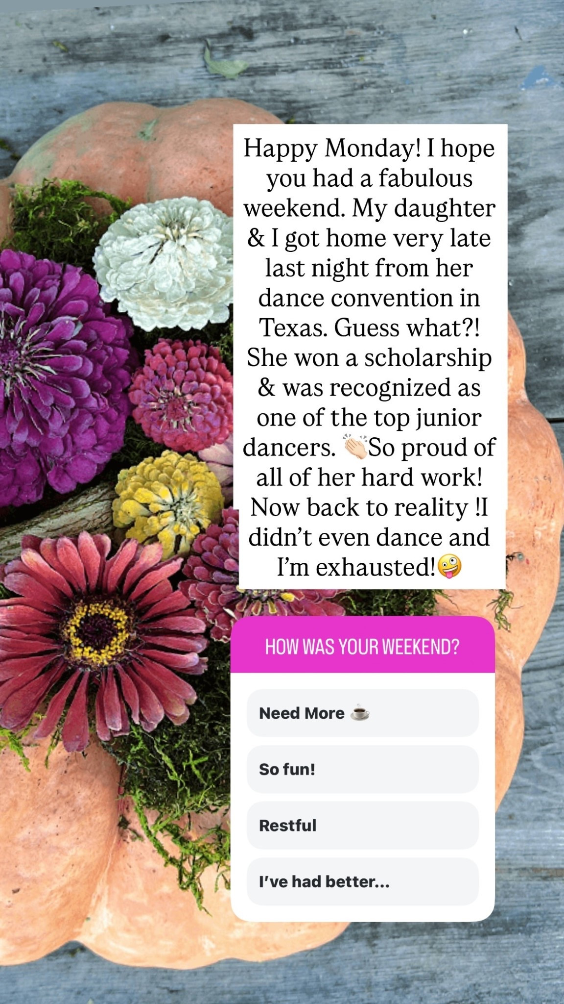 Happy Monday! I hope you had a fabulous weekend. My daughter & I got home very late last night from her dance convention in Texas. Guess what?! She won a scholarship & was recognized as one of the top junior dancers. 👏🏻So proud of all of her hard work! Now back to reality !I didn’t even dance and I’m exhausted!🤪

#LTKdayinmylife #LTKmomlife #LTKHome