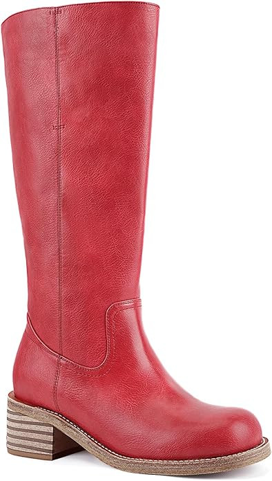 UBWDU Women's Knee High Boots Chunky Block Heel Long Boots Square Toe Low Heel Boots for Women | Amazon (US)