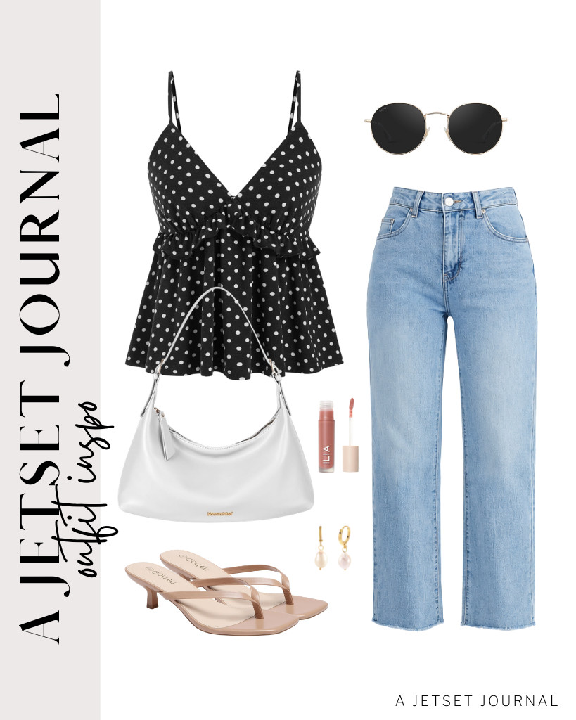 A black polka-dot babydoll top goes perfectly with GRAPENT straight-leg jeans and Gorfen square-toe flip-flop heels. A stylish shoulder bag from Montana West goes well with this look and WearMe Pro sunglasses.

#LTKSeasonal #LTKSaleAlert #LTKTravel
 

 