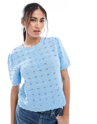 Vero Moda short sleeved crochet top with buttons in light blue | ASOS | ASOS (Global)