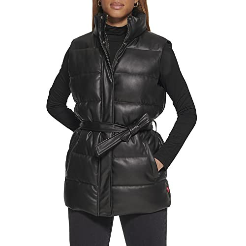 Levi's Women's Vegan Leather Puffer Vest, Black with Belt, Medium | Amazon (US)