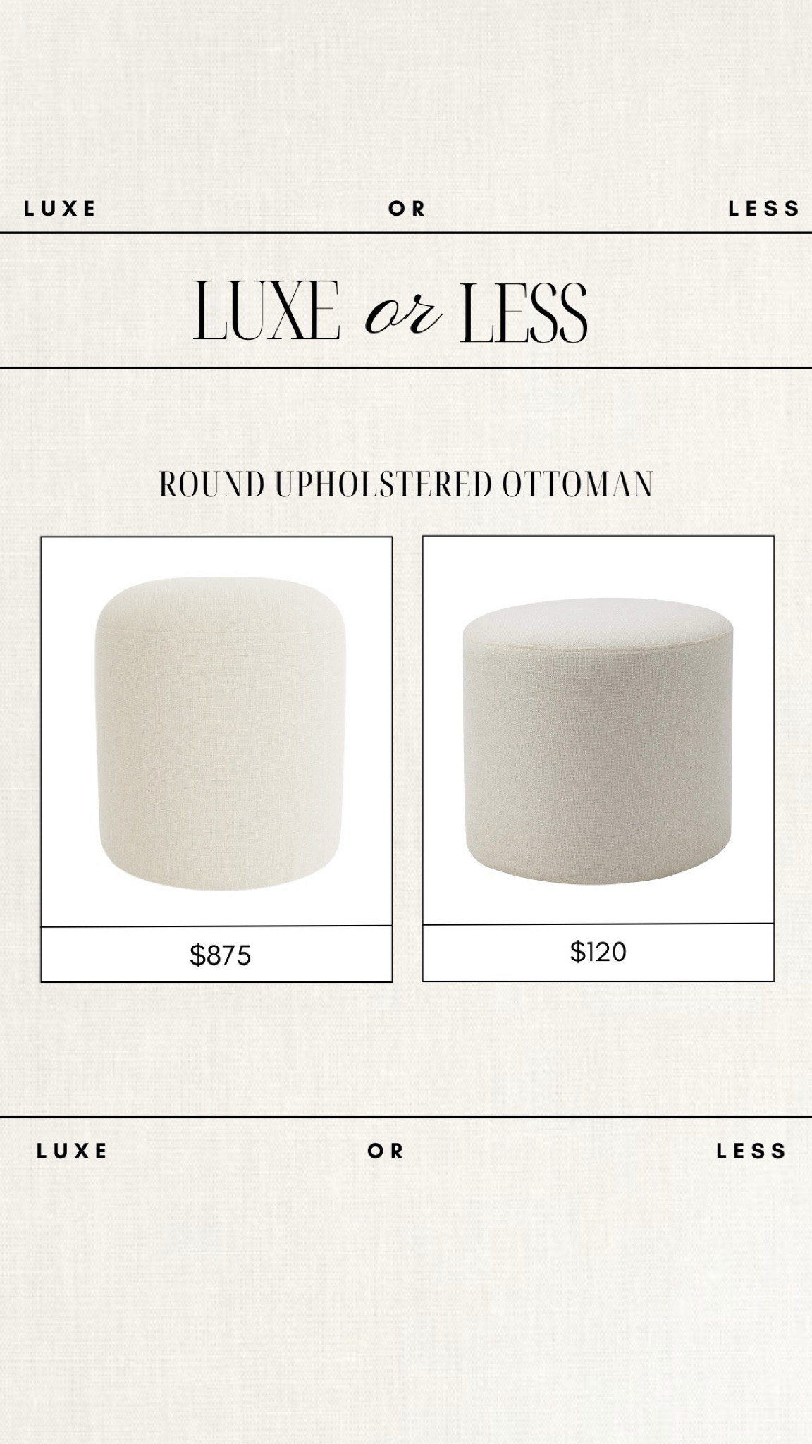 Luxe or Less: Round Upholstered Ottoman!

Gorgeous on either budget!

ottomans, mcgee & co, amazon furniture, amazon deals, upholstered ottoman, linen ottoman, deal of the day, deals, home decor deals, round linen ottoman

#LTKStyleTip #LTKHome #LTKSaleAlert
