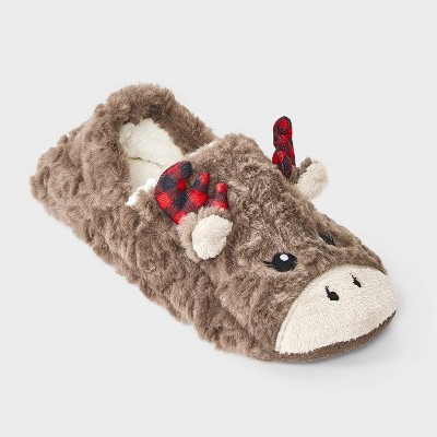 Women's Holiday Moose with 3D Antlers Christmas Faux Fur Slipper Socks with Grippers - Wondershop™ Brown S/M | Target