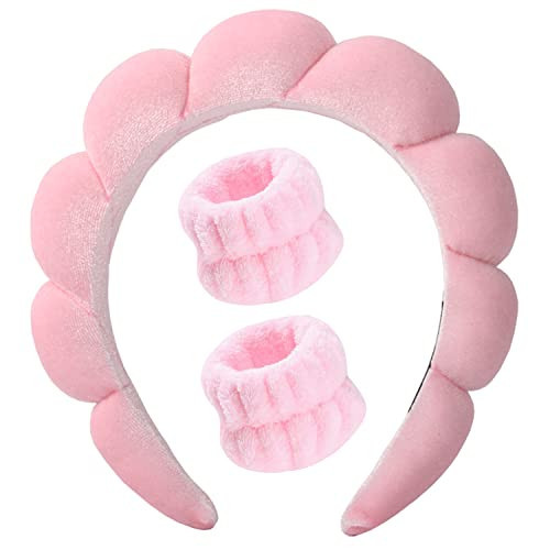 Luckybear Spa Headband for Washing Face, Velvet Makeup Headband with Face Wash Wristbands - Pink | Amazon (US)