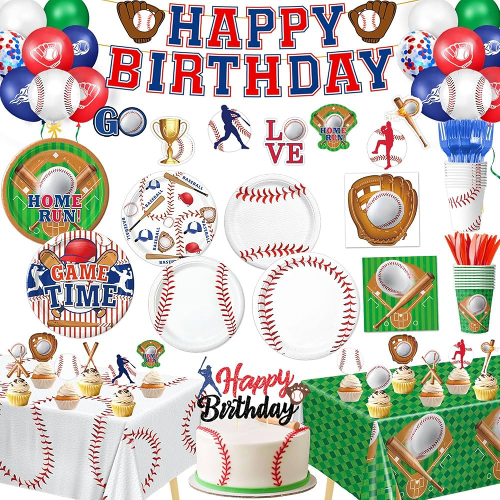 Oigco Baseball Birthday Decorations Includes Plates, Napkins, Cups, Cutlery, Cake & Cupcake Toppe... | Amazon (US)