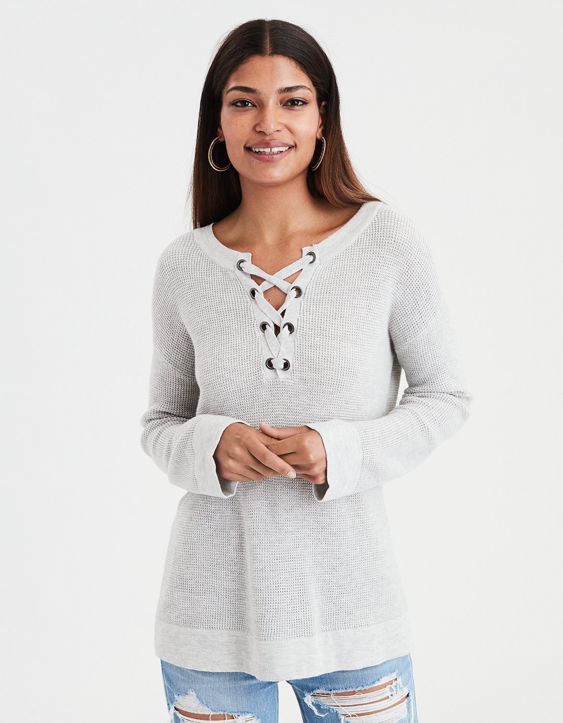 AE Chunky Lace Up Pullover, Gray | American Eagle Outfitters (US & CA)
