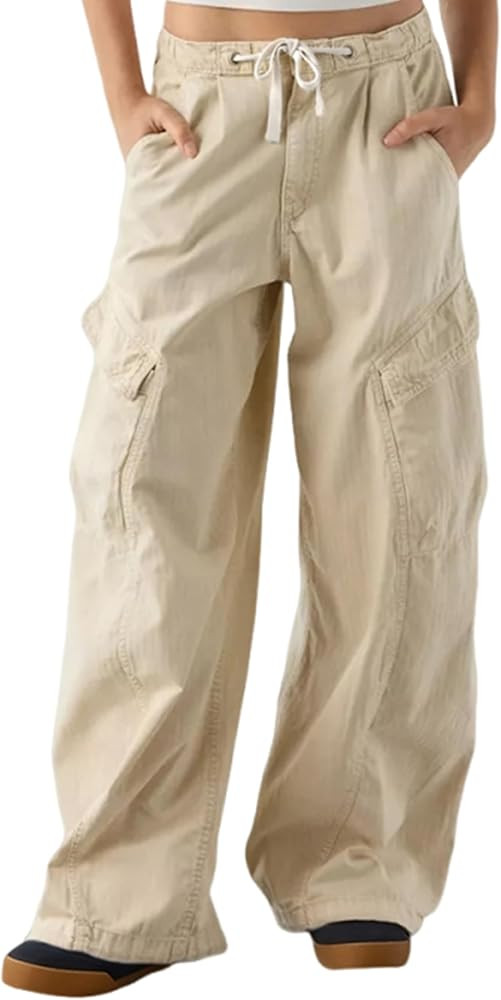 Women's Barrel Leg Cargo Pants Drawstring Elastic Waist Baggy Jeans with Pockets | Amazon (US)