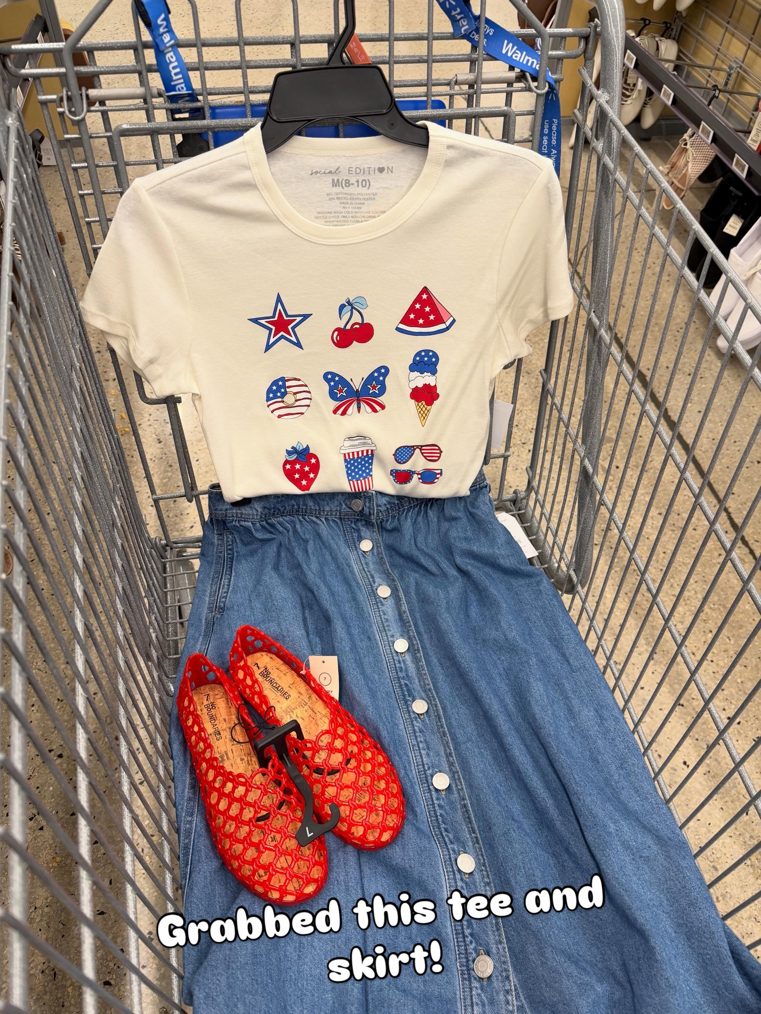 July 4 outfit idea with this graphic tee (runs small I got the xl) and denim midi skirt, jelly flats #walmartfashion