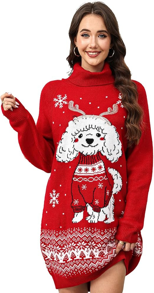 Christmas Ugly Sweater Dresses for Women Cartoon Pattern Oversized Turtleneck Pullover Sweater Dr... | Amazon (US)