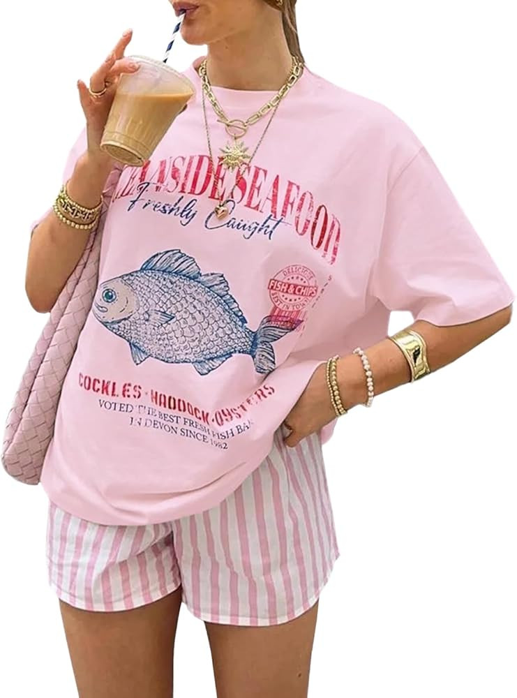 Women Vintage Oceanside Seafood Graphic Letter Print Aesthetics Short Sleeves Oversized Tee T-Shi... | Amazon (US)