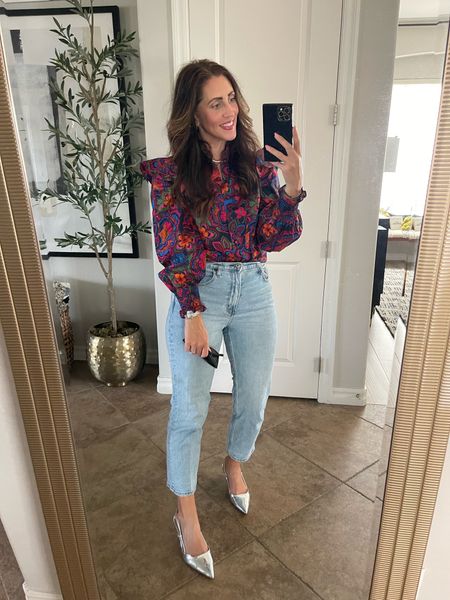 colorful ruffle blouse 🌺 (size small) and jeans (size 27 short)

Spring outfit idea, silver heels, spring top, straight, leg, ankle jeans 

#LTKfindsunder100 #LTKstyletip #LTKsalealert