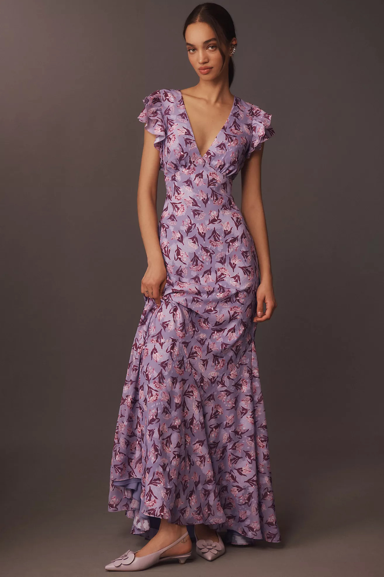 BHLDN Eva Flutter-Sleeve Plunge V-Neck Maxi Dress | Anthropologie (US)