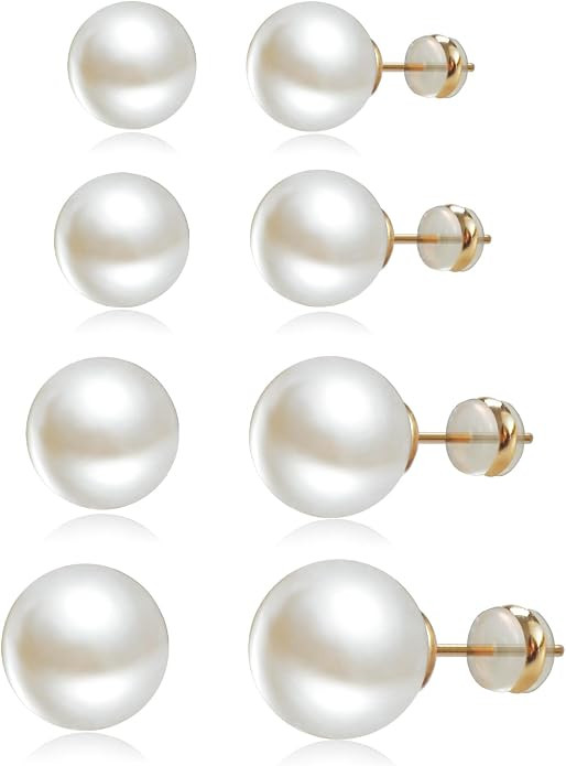 4 Pairs Pearl Stud Earrings 14K Plated Gold Sterling Silver Hypoallergenic Earring stud Large siz... | Amazon (US)