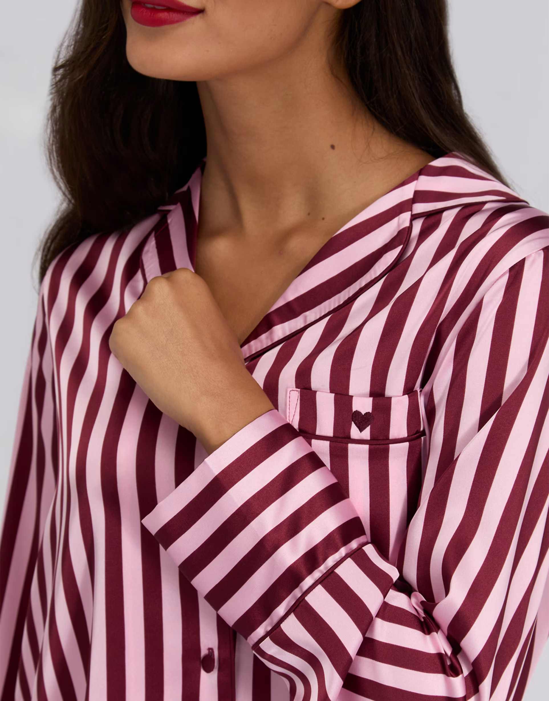 Boux Avenue Oversized embroidered satin top and shorts pyjama set in burgundy | ASOS (Global)