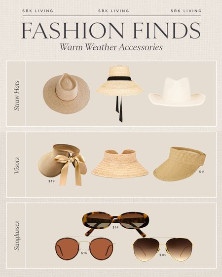 FASHION \ warm weather accessories 😎🤠

Straw hat
Visor
Sunglasses
Spring
Summer 

#LTKSeasonal #LTKfindsunder50