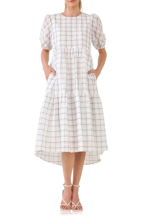 English Factory Plaid Tiered Ruffle Cotton Blend Dress in White at Nordstrom, Size Medium | Nordstrom