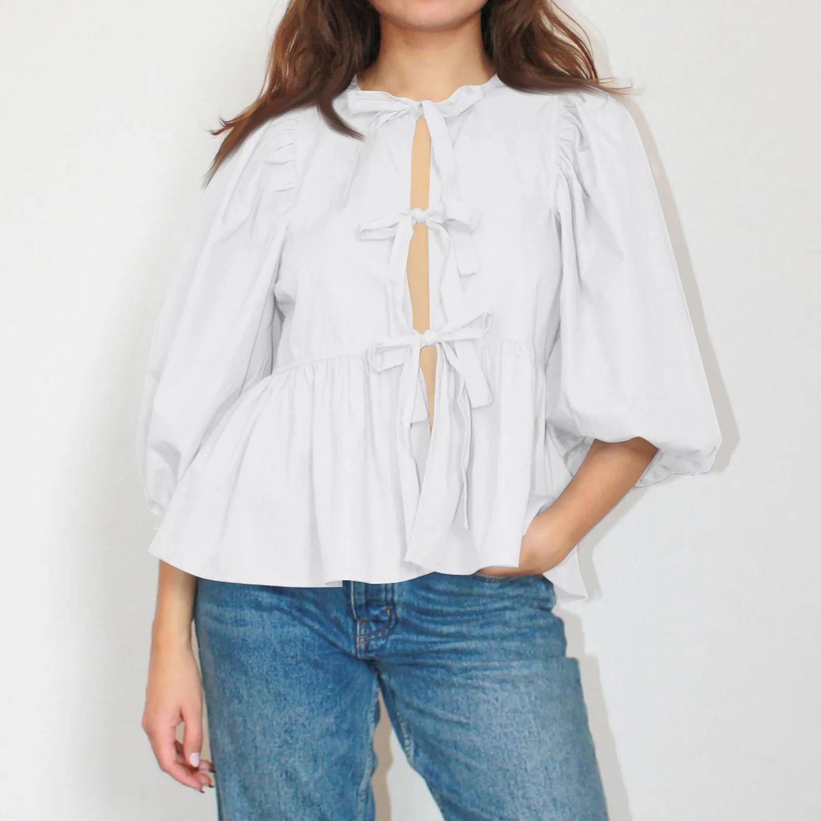LTTVQM Women Tie Front Tops Puff Sleeve Babydoll Shirts Y2K Cute Ruffle Peplum Going Out Top Blou... | Walmart (US)