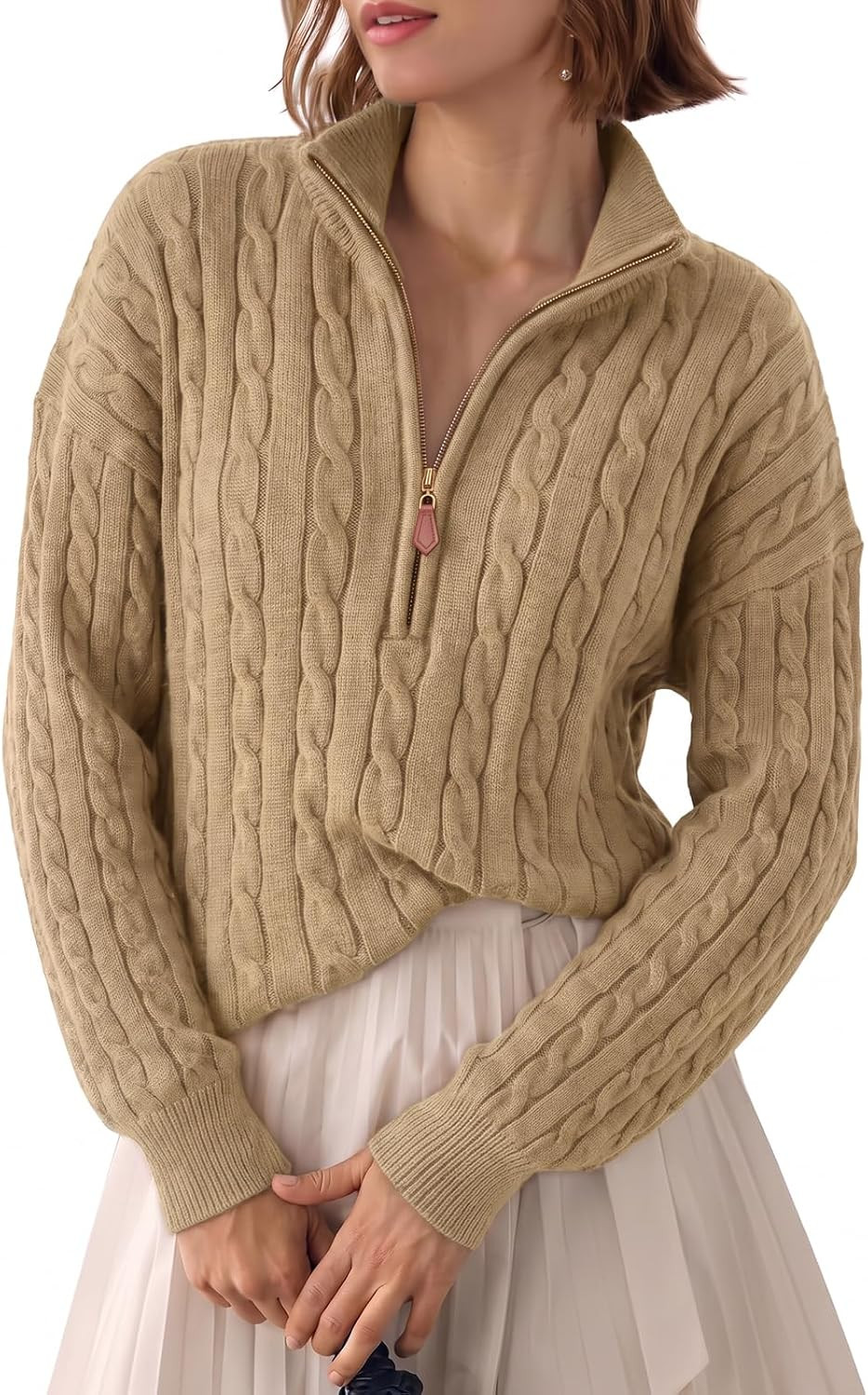 Fisoew Womens Sweaters Quarter Zip Ribbed Cable Knit Pullover Tops 2026 | Amazon (US)