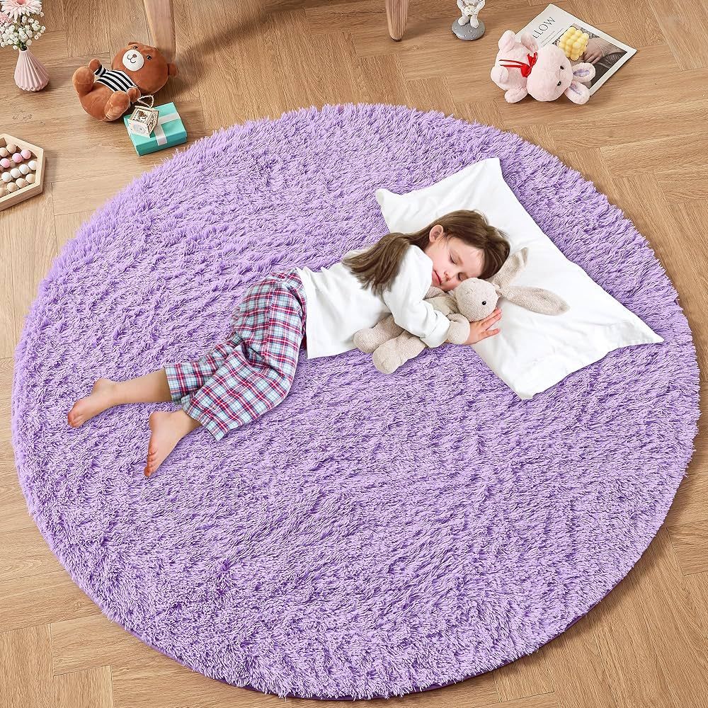 Andency Purple Round Area Rug for Girls Bedroom, Shag Circle Rug 4'X4' for Kids Room, Cute Fluffy... | Amazon (US)