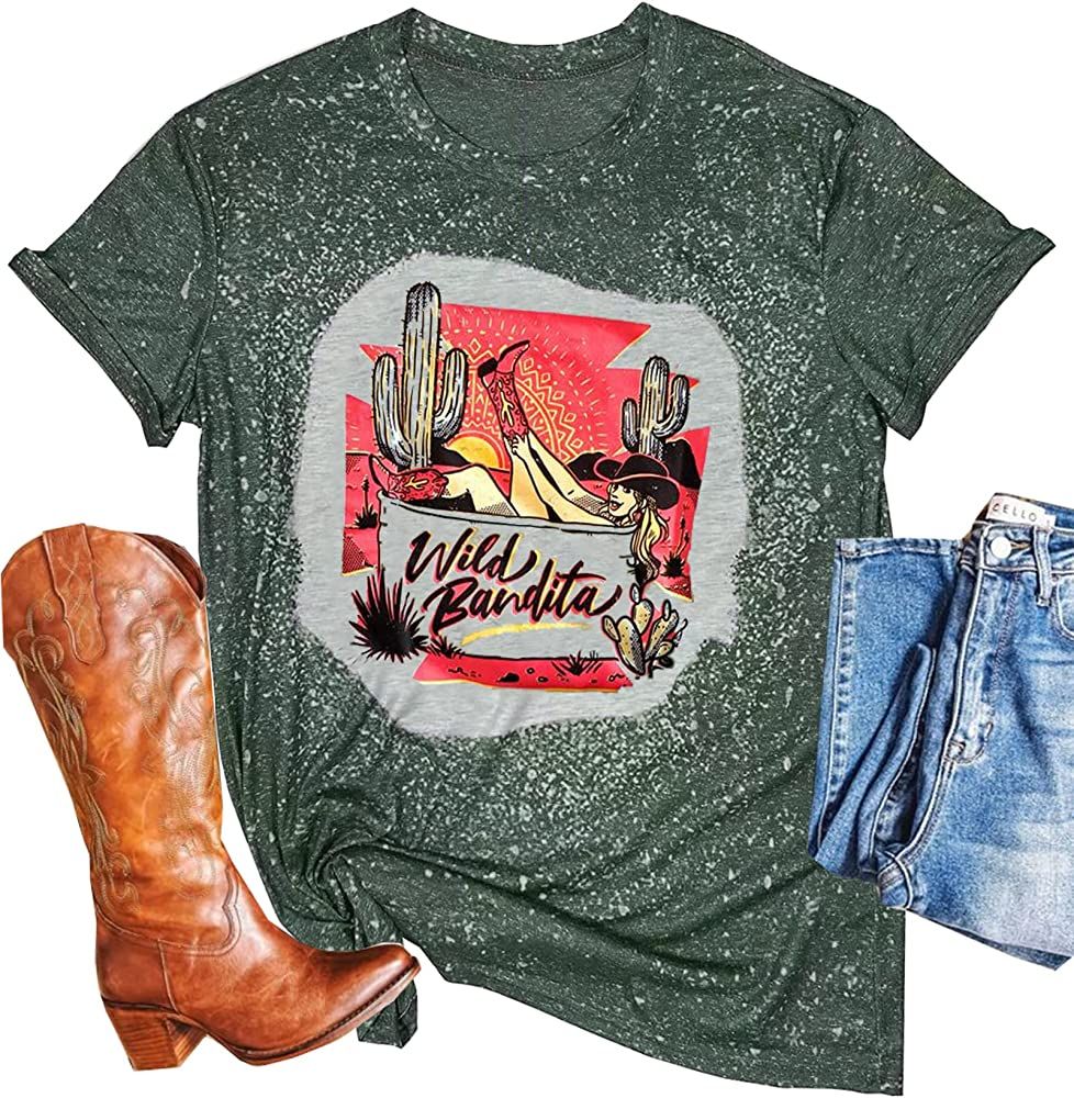 Wild Bandita Cactus T-Shirt for Women Funny Cowgirl Sunrise Graphic Tees Western Style Casual Short  | Amazon (US)