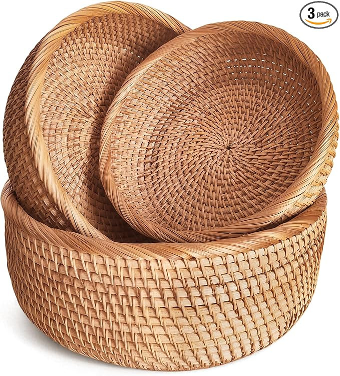 Rattan Fruit Basket for Kitchen Counter, Natural Wicker Bread Basket for Serving, Hand Woven Food... | Amazon (US)