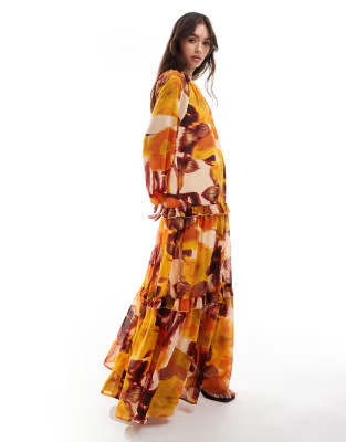 ASOS DESIGN high neck smock maxi dress with frill detail in blurred floral print | ASOS (Global)