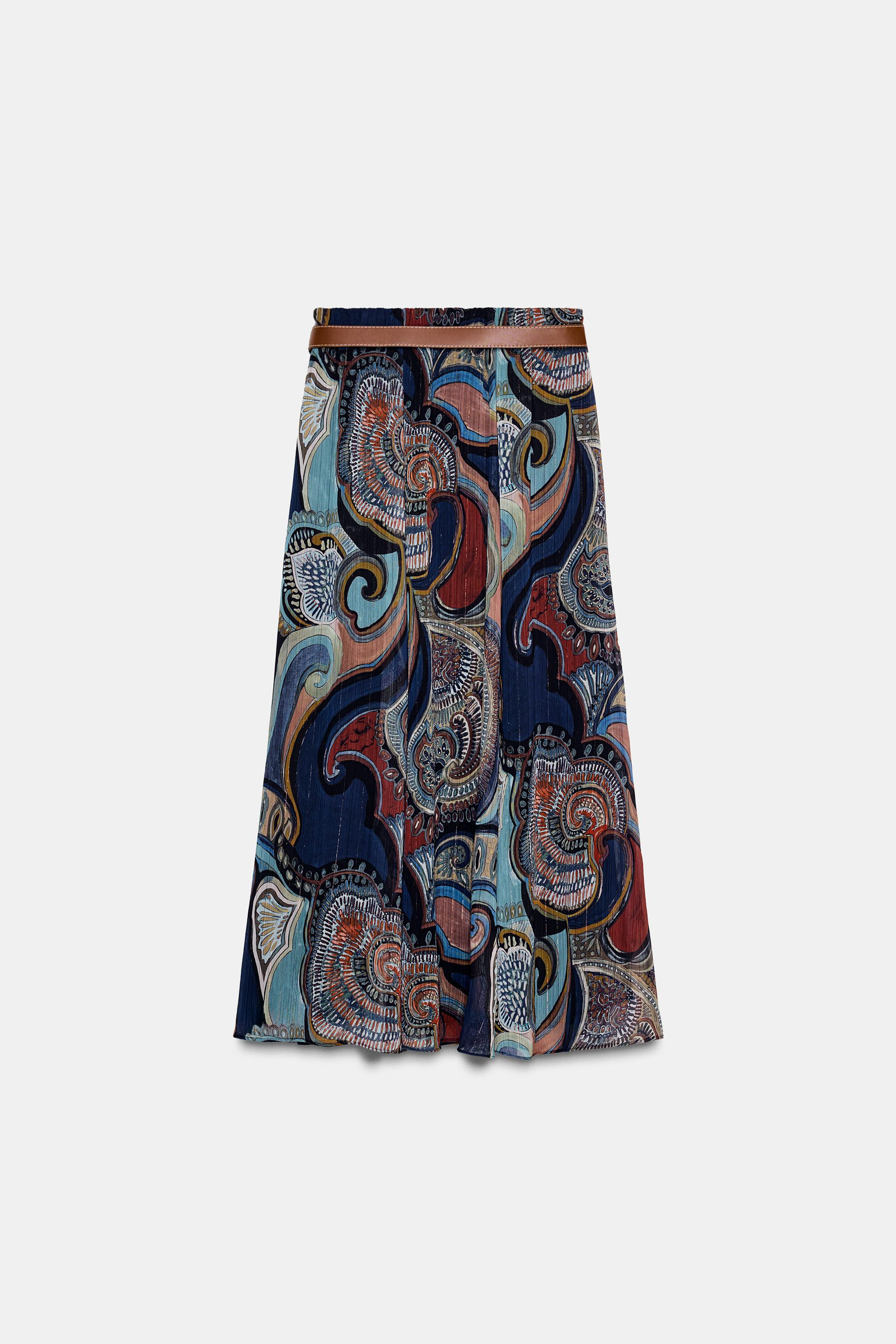 METALLIC THREAD PRINTED MIDI SKIRT WITH BELT | Zara US