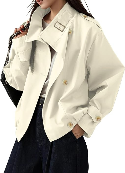 Megfie Jackets for Women Trendy Vintage Trench Coat Turtleneck Crop Jackets with Pockets | Amazon (US)