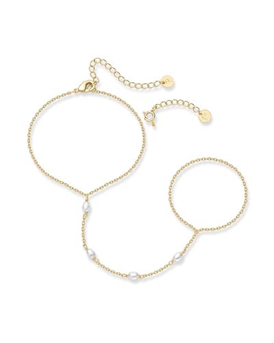 PAVOI 14K Yellow Gold Plated Freshwater Pearl Gold Hand Chain Bracelet for Women - Trendy Ring Bracelet Hand Chain Body Jewelry | Amazon (US)
