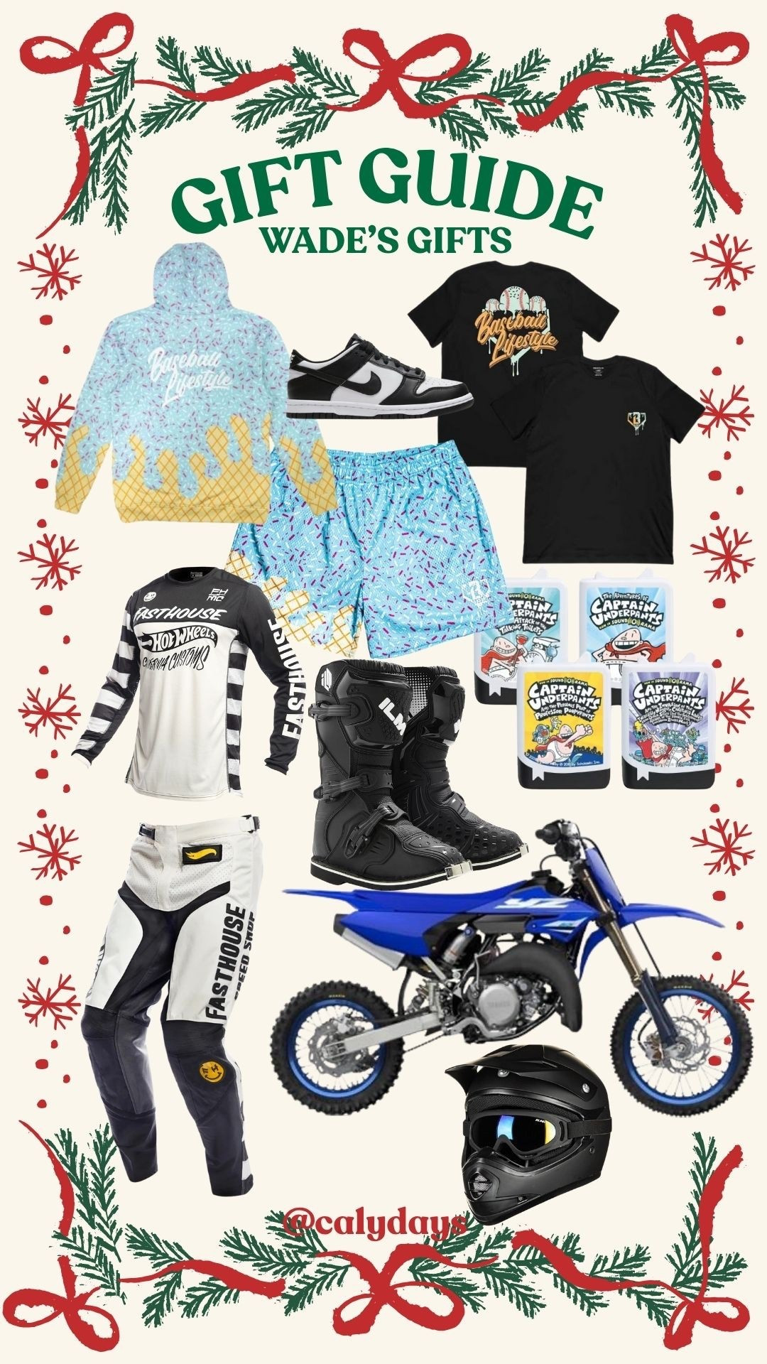 Wade’s Christmas gifts! (Boys Christmas gift ideas ages 7-10 | boys gift ideas) 
Want: dirt bike (Yamaha YZ 65)
Need: new shoes
Wear: baseball lifestyle outfits 
Read: captain underpants tonies
Santa: dirtbike gear (from Fasthouse)


#LTKKids #LTKGiftGuide #LTKHoliday