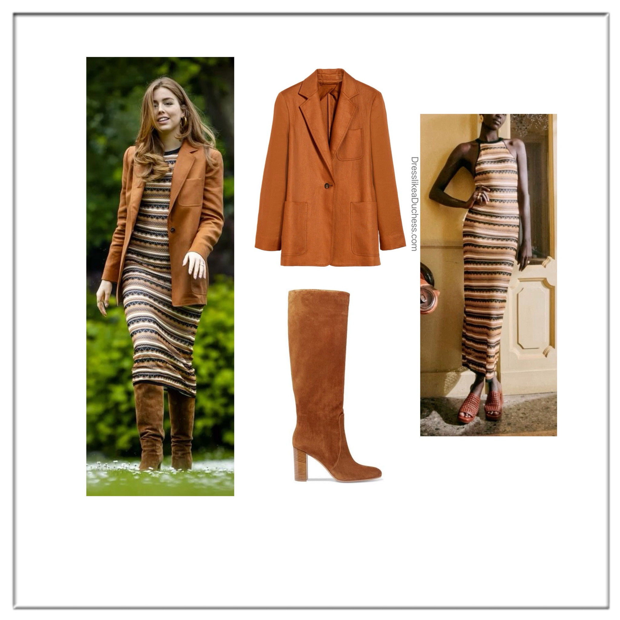 Princess Alexia June 2024 in Sezane Yanelle dress, Max Mara Boemia blazer, Gianvito Rossi 85 boots 