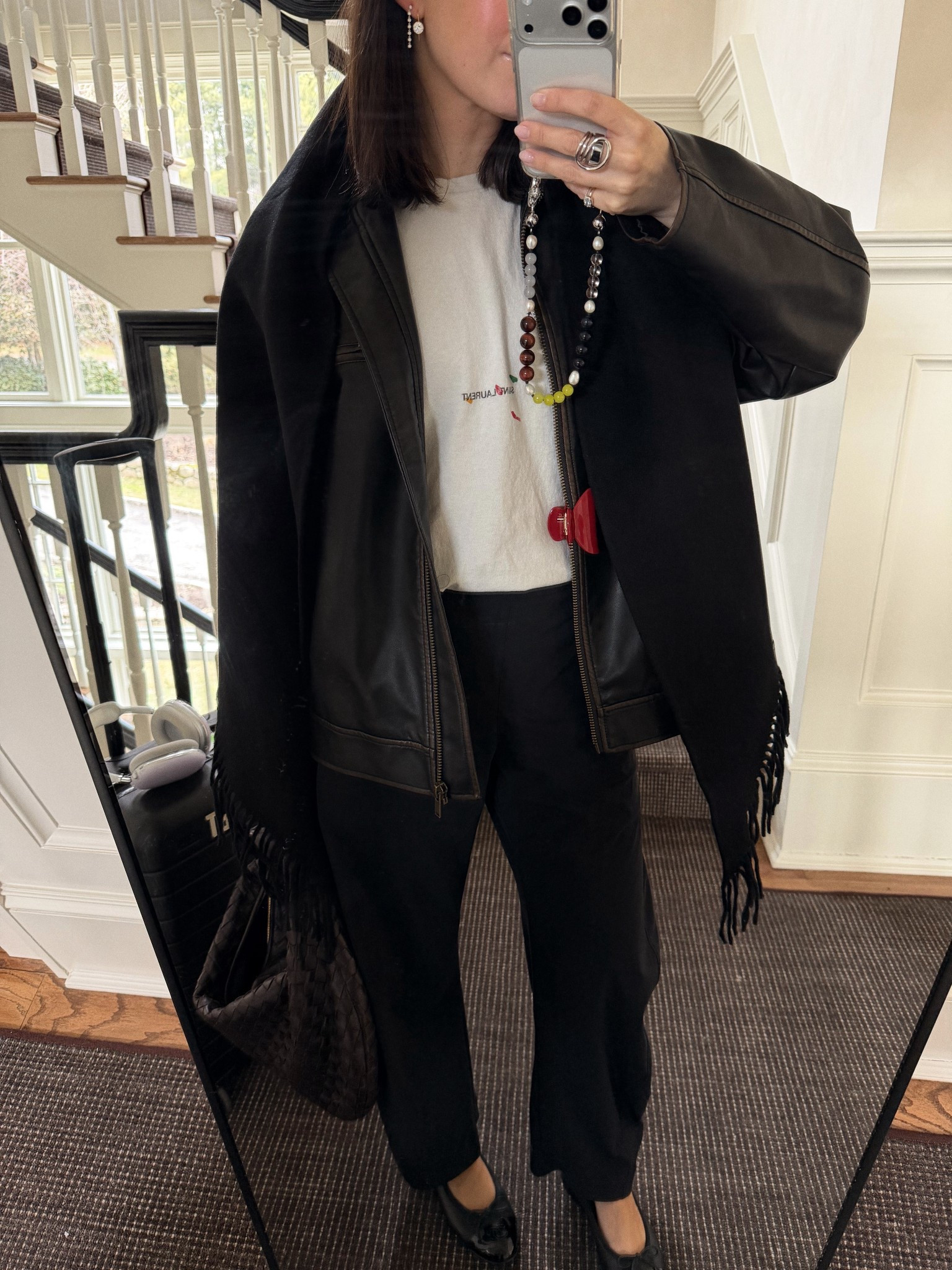 Vintage Saint Laurent tee
Pants are so comfy - wearing size 4
Fringe scarf 
