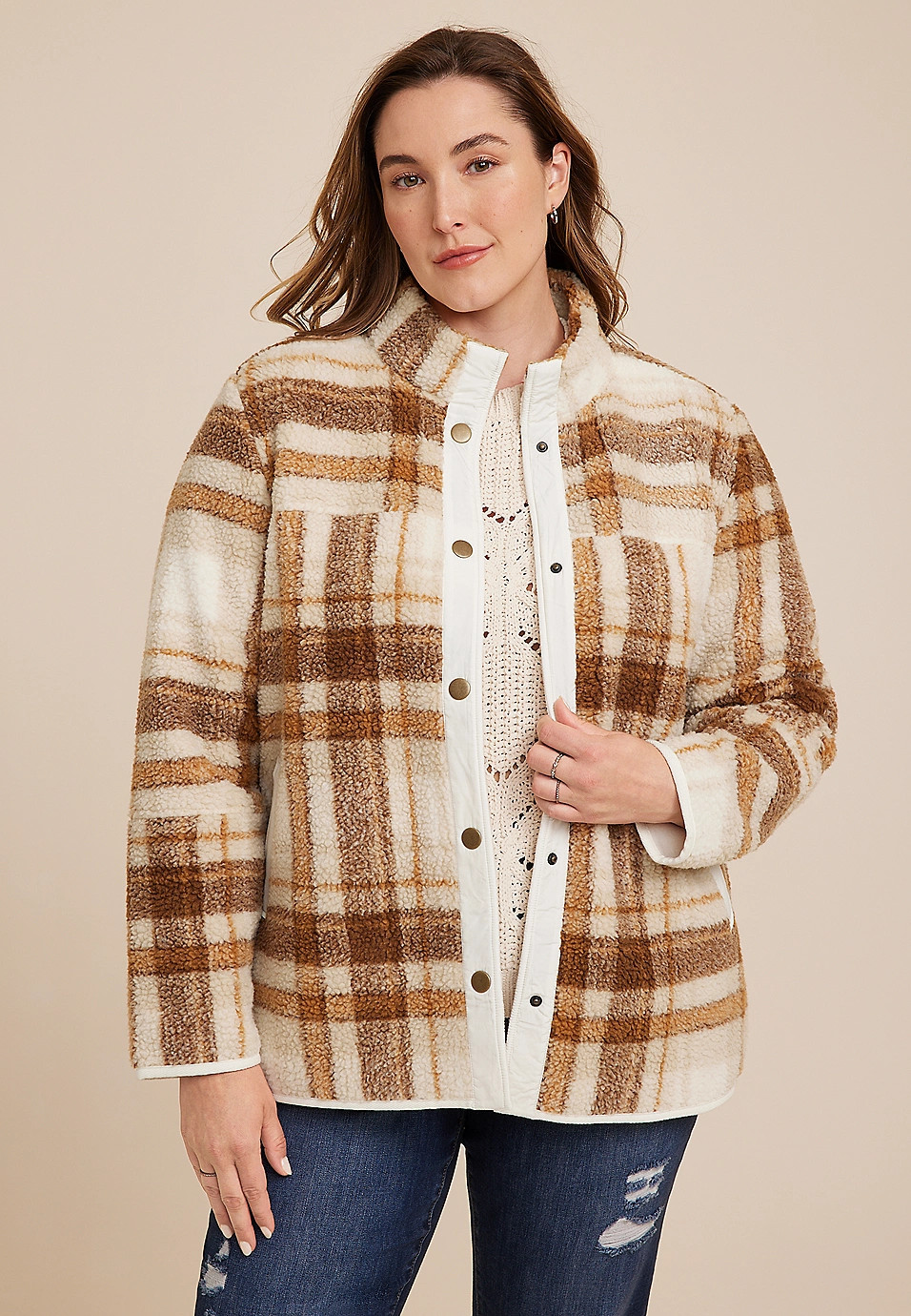 Plus Size Brown Arabella Plaid Sherpa Shacket | Maurices