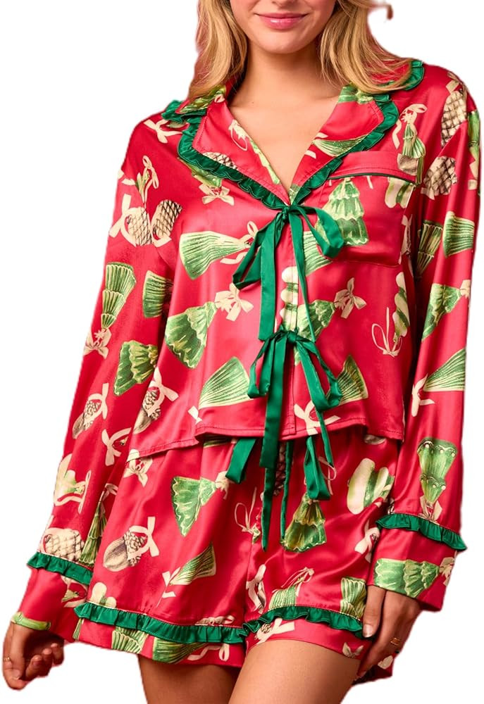 KOSUSANILL Christmas Pajamas for Women 2 Piece Bow Pajama Set Tie Cuff Long Sleeve Santa Print Bu... | Amazon (US)