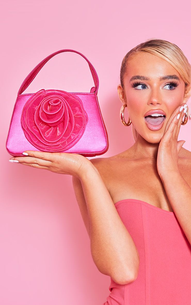 Hot Pink Satin Organza Corsage Hand Bag | PrettyLittleThing US
