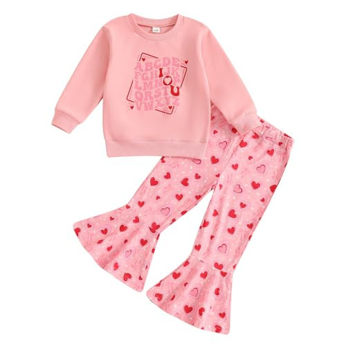 iddolaka Toddler Baby Girls Valentines Day Outfits Long Sleeve Letter Sweatshirt Shirt Heart Flared Pants Spring Clothes (M-Letter print pink, 2-3T) | Amazon (US)