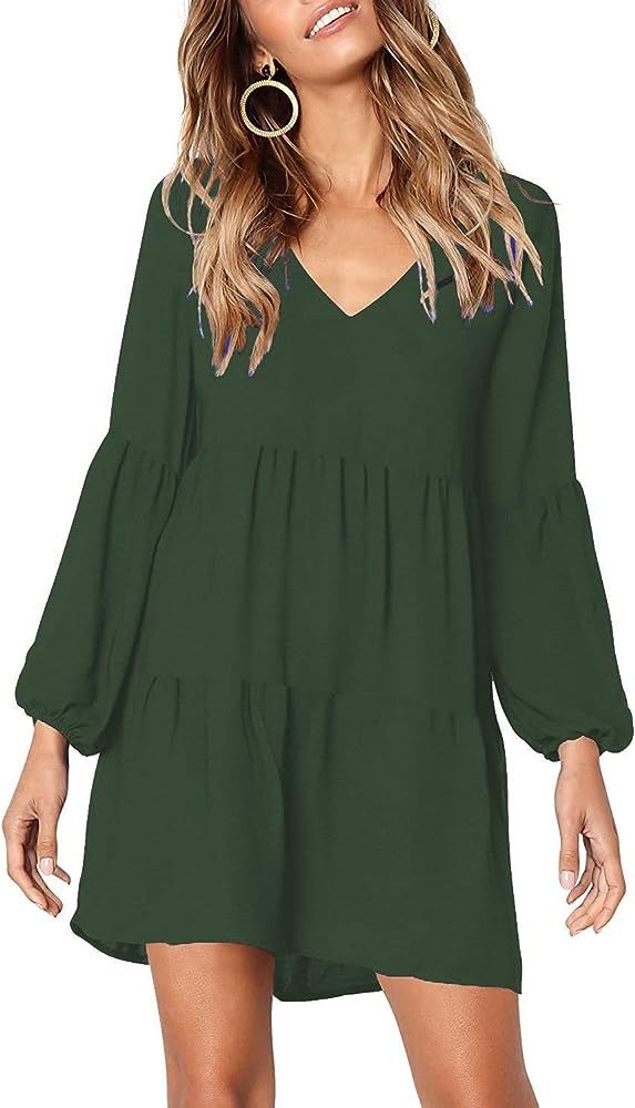 MISSLOOK Women's Short Sleeve Tunic Dress V Neck Ruffle Loose Mini Dress Swing Shift Dresses | Amazon (US)