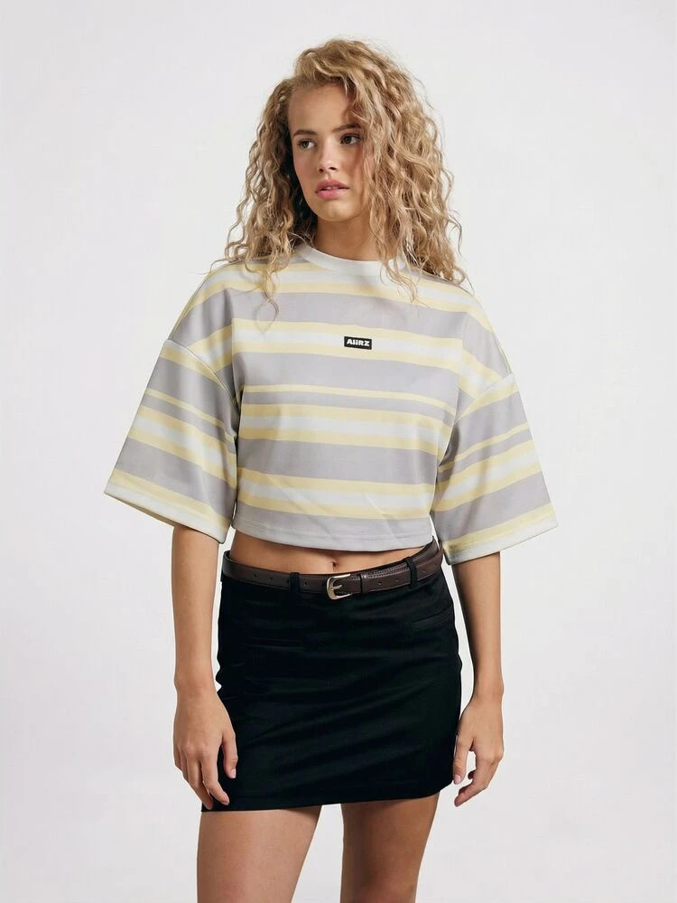 AiiRZ Cropped Striped T-Shirt With Round Neckline Short Sleeves Casual Relaxed Fit Tee Top | SHEIN