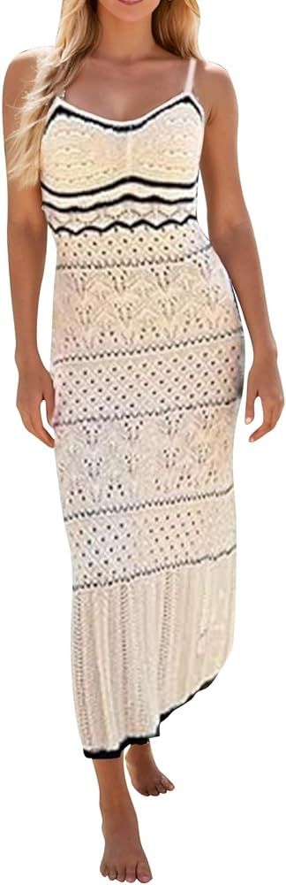 Summer Dresses for Women 2024 Vacation Spaghetti Strap Crochet Eyelet Sleeveless Striped Midi Bea... | Amazon (US)