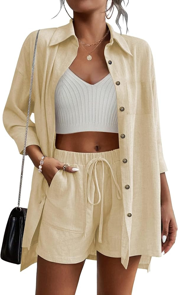 Beyove Women's Cotton Linen Set Casual Tracksuit Button Down 3/4 Sleeve Shirt Drawstring Shorts P... | Amazon (US)