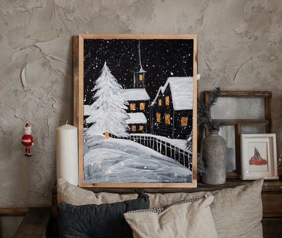 Christmas Village Painting Snowy Winter Ink Art Christmas | Etsy | Etsy (US)