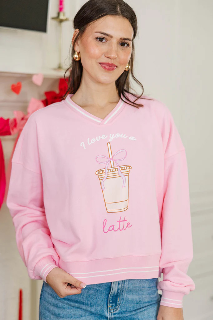 I Love You A Latte Blush Pink V-Neck Striped Cuff Graphic Sweatshirt | The Mint Julep Boutique