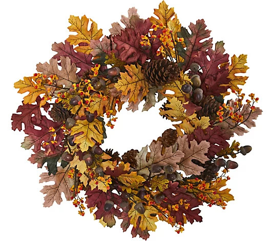 24" Oak Leaf, Acorn & Pine Wreath by Nearly Natural | QVC