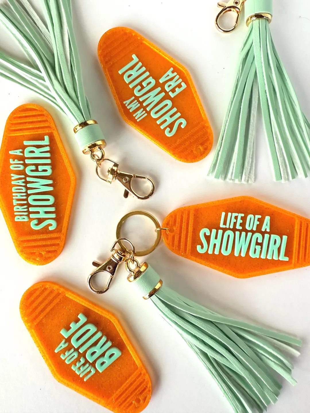 Showgirl Keychain – Retro Motel Style – Orange Sparkle with Aqua Tassel – Party Favor, Birt... | Etsy (US)