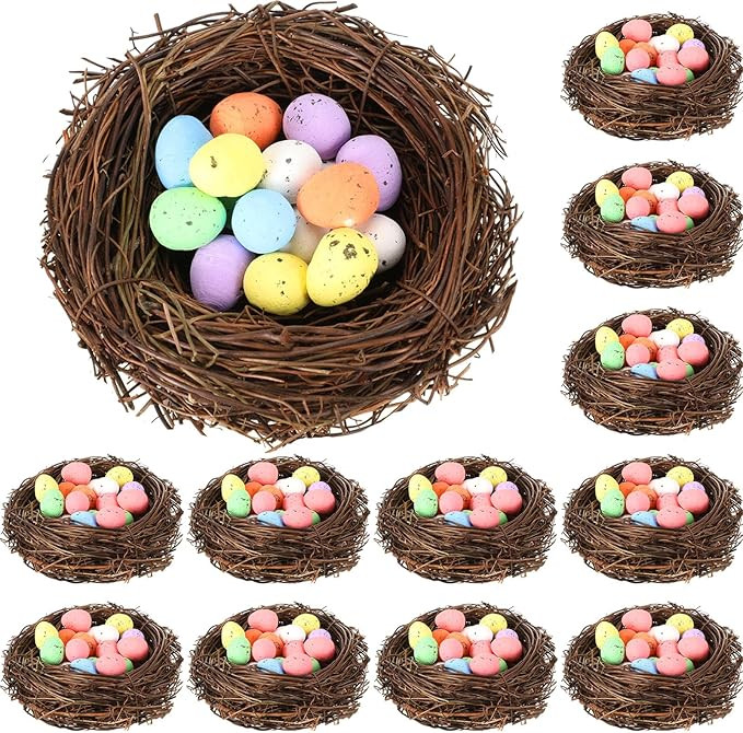 12 Pcs Easter Faux Bird Nest with 100 Pcs Eggs Small Artificial Rattan Nest Decorative Simulation... | Amazon (US)